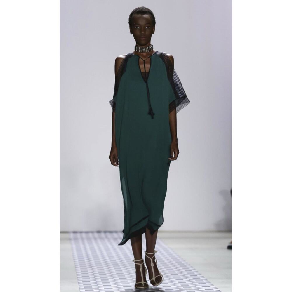 Onhe Titel Forest Green Silk Blend Pleated Chiffon Caftan Midi Dress 6